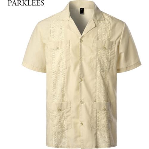Mens Shirts Revere Collar Cuban Camp Guayabera Shirt Men Solid Color Embroidery Casual Button Down Beach Breathable Shirts XXL