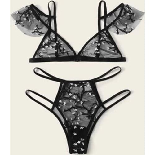 Sexy Lingerie Female Suit Floral Embroidery Gauze Underwear Set No Bra Open Back Bra Sexi Intimate And Comfortable Lace Bra Set