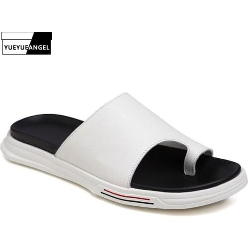 Top Layer Cowhide Flip Flops Summer Mens Open Toe Beach Genuine Leather Solid Slippers Slip-On Outdoor Soft-Soled Comfortable