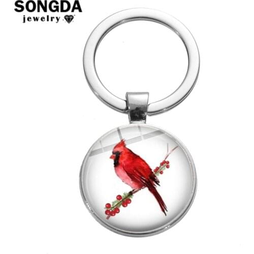 SONGDA Northern Cardinal Bird Keychain Christmas Red Parrot Art Photo Glass Cabochon Key Chain Wallet Bag Charms Key Ring Holder