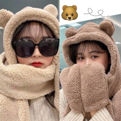 Keep Warm Winter Bear Hat For Ladies Lovely Versatile Cashmere Thickened Warm Hat Scarf Glove