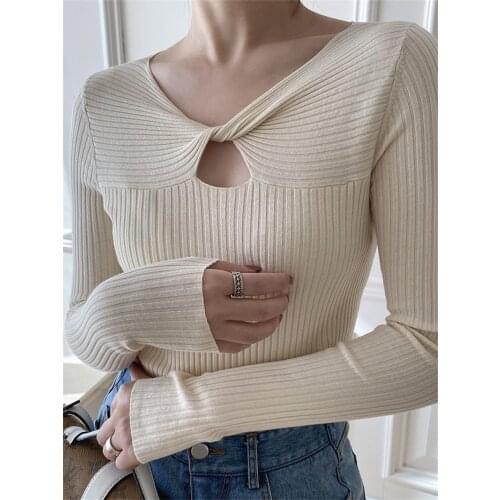 Retractable knitted twisted openwork sweater tops autumn and winter womens solid color tops slim slim round neck sexy new tops