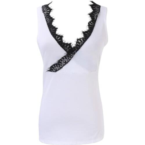 Black White Lace Blouses Fashion Women Ladies Top Sleeveless Deep V Neck Shirt Blouse Casual Tops Newest 2018