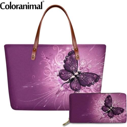 Coloranimal Pretty Art Butterfly Printed Women Large Handbags 2Pcs Tote Shoulder Bags&PU Leather Wallets Ladies Crossbody Bags