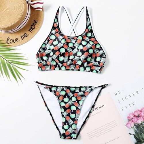 2020 European And American Cross-border New Vest Pineapple Print Bikini Solid Color Swimsuit Split Swimwear