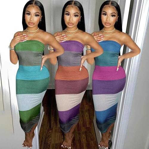 Echoine Summer Colorful Patchwork Strapless Maxi Long Dress Ladies Elegant Skinny Bodycon Party Club Dresses Vintage Vestidos