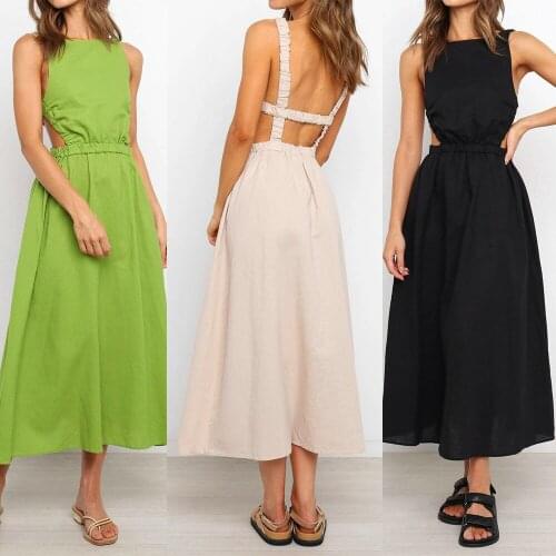 Holiday Beach Summer Dress Womens Sleeveless Dackless Hollow Elastic Waist Solid Color Long Banquet Dresses Vestidos De Fiesta