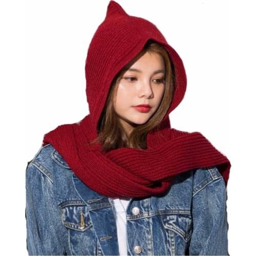 2020 Brand Design Womens Hooded Scarf Winter Wool Knitted Earflap Hats Snood Wraps Solid Crochet Scarves and Hat for Girl