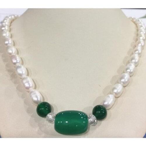 7-8mm akoya freshwater Rice pearl & Green agate necklace 18AAA