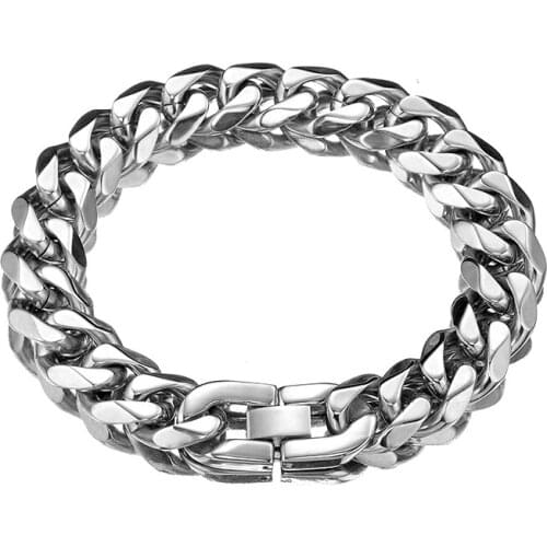 Top Polishing Silver Color 15mm Wide Stainless Steel Mens Curb Cuban Link Chain Bracelet For Men 7-11 Inches Wholesale Jewelry