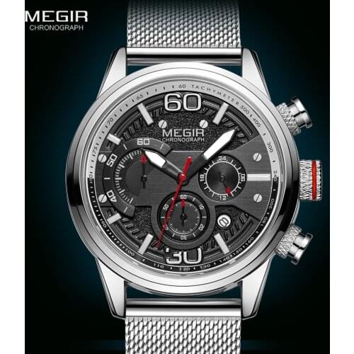 MEGIR Luxury Military Sport Quartz Watches for Men 2020 Top Brand Waterproof Business Wristwatch Mens Mesh Strap Luminous Watch