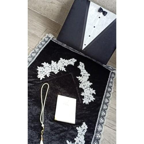 Black Groom Set French Lacy Bundle 4 Piece Package Set Marriage Muslim Set Yasin Arabic Islamic Mevlüt Umrah Sijadat Prayer Rug