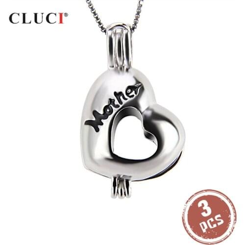 CLUCI 3pcs 925 Sterling Silver Cage Pendant Gift For Mom Love Heart Jewelry Women Silver Cage Pendant Wish Pearl Locket SC193SB