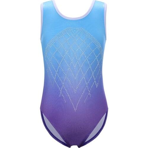 Girls Kids Leotards for Gymnastics Ballet Tutu Dance Costumes Sleeveless Gradient Rhinestone Blue Pink Athletic Dance Wear 2-10Y