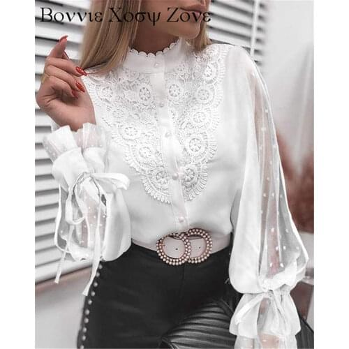 Women Guipure Lace Mock Neck Button Design Blouse Sheer Mesh Lantern Sleeve Top