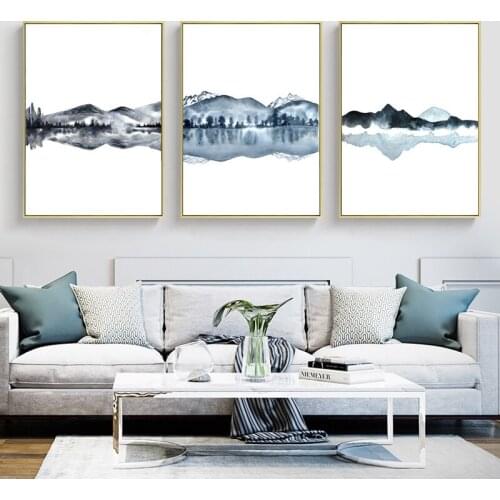 Mountains Lake Print Poster Landscape Paintings on The Wall Art Blue Abstract Canvas Painting Nordic Decoration Picture Unframed