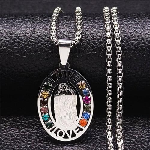 Catholicism The Virgin Mary Crystal Stainless Steel Necklaces Chain Women/Men Oval Love Goddess Necklaces Jewelry bijoux N4906S0