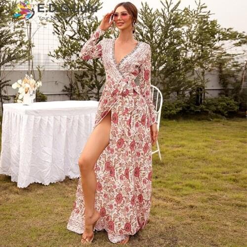 EDGLuLu Summer V-neck Long Sleeve Loose High Split Maxi Dress Boho Clothing Lace-up Vintage Printed Chiffon Long Dress 0522