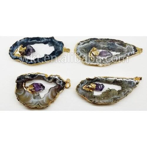 Fashion !! Natural slice druzy at gate pendants with crystal in middle,geode druzy pendants in free shipping(WT-P242)