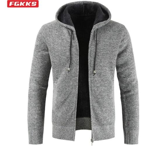 FGKKS Winter Men Hooded Sweater Coat Trendy Brand Mens Twist Flower Fleece Thick Sweater Zipper Cardigan Sweaters Male