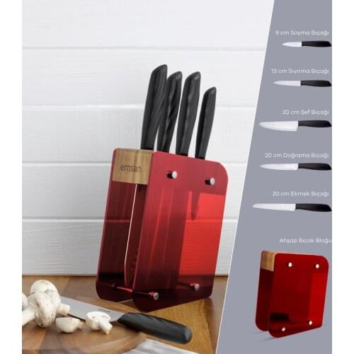 Emsan Kumsal Red 6 Piece Knife Set With Stand