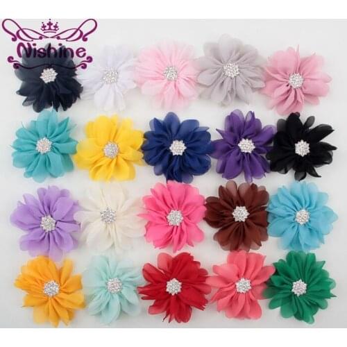 Nishine 30pcs/lot 2.8" Chiffon Wave Flower With Star Rhinestone Button Center For Girls Headband Hair Clip DIY Hair Accessories