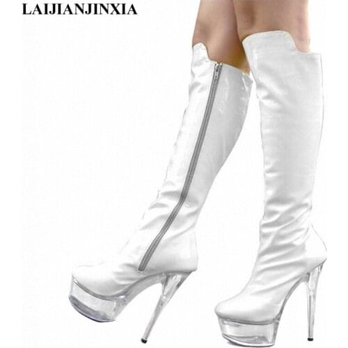New hipster sexy thick bottom tall boots, 15 cm transparent crystal model runway boots Dance Shoes