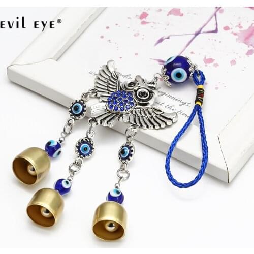 EVIL EYE Alloy Owl Pendant Blue Turkish Evil Eye Beads Tassel Wall Hanging Jewelry Decorations for Home Living Room Car BE90