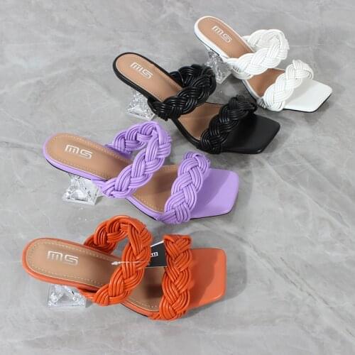 Womens Sandals Fashion 2021 Summer New Narrow Band Hand-woven Rainbow Color High-heeled Womens Slippers Outside 7.5CM