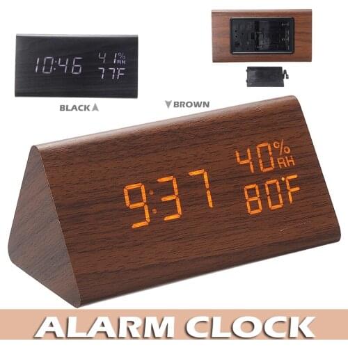 Modern Wooden LED Desktop Digital Alarm Clock Temperature Humidity Display Sound Control Electronic Display Thermometer Home Dec