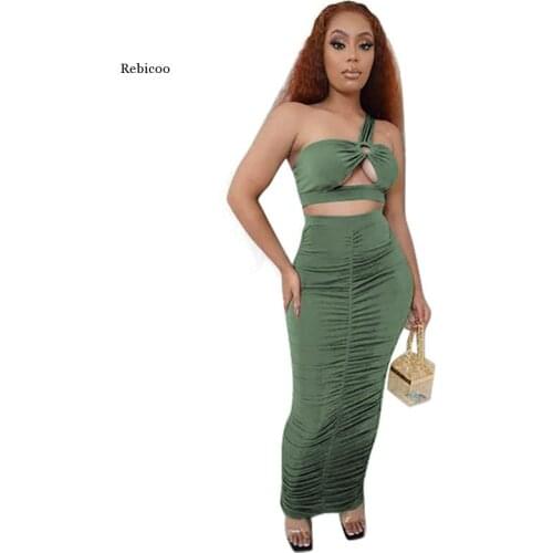 Women Set Solid Sleeveless Hollow Out Crop Tops Sheath Elastic Shirring Long Skirts Two 2 Piece Sets Sexy Night Outfit
