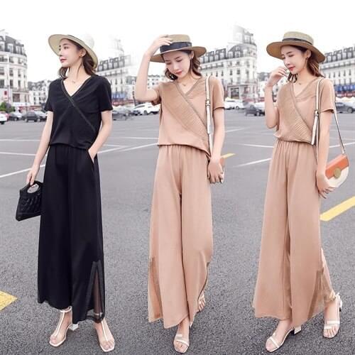 New Female Two Pieces Sets 2021 Summer women short Sleeve V-neck loose Tops blouse shirt and wide leg trousers pants Suits