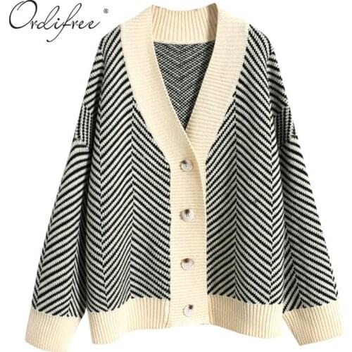 Ordifree 2021 Autumn Winter Women Knitted Cardigan Loose Casual Outwear Coat Striped Sweater Cardigan