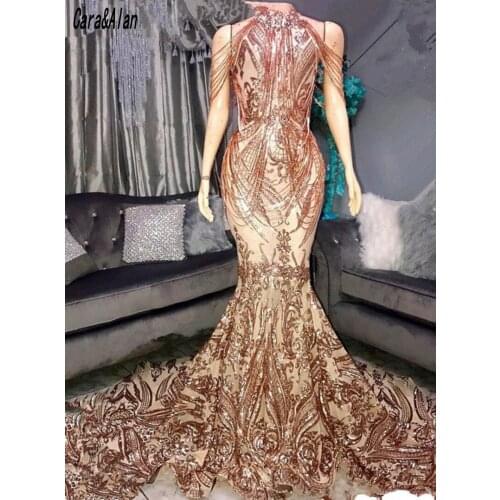 Rose Champagne Prom Dresses High Neck Lace Sequin Mermaid Evening Dress Women Party Gowns 2021 Tassuel vestidos de la celebridad