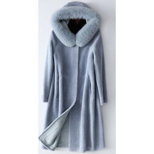 Winter Fox Collar Hooded Long Lady Wool Coat High Quality Fur Coat Womens Autumn 3xl Blue Red Keep Warm Sheep Cashmere Coat