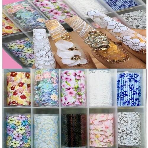 10Roll/Box(4cm*100cm)Transparent Flower Peach Blossom Sky Foil Pink Nail Paper For Manicure DIY Spring Starry Sky Nail Sticker