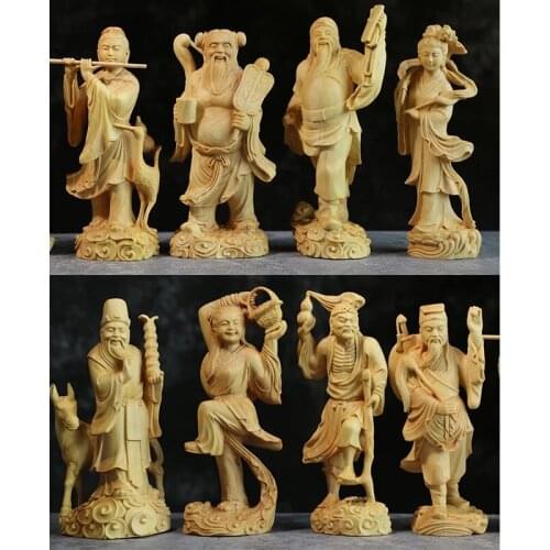 15cm Eight Immortals Crossing The Sea Wood Carving Solid Wood Chinese Feng Shui Decoration Home Craft Gift Collection