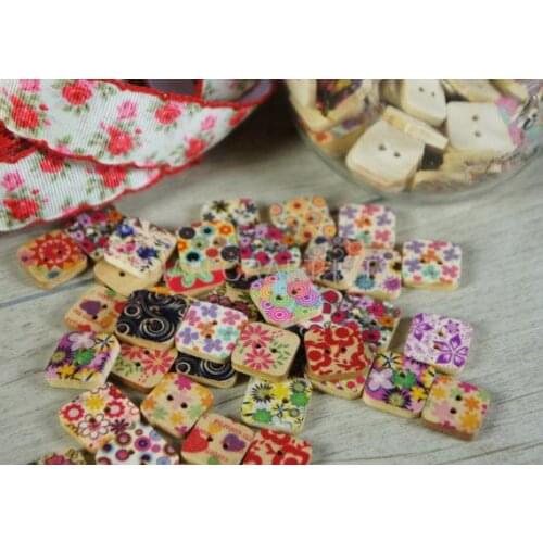 400pcs square sewing wooden button for craft scrapbooking accessories Wood button with fantasy floral painting 17mm
