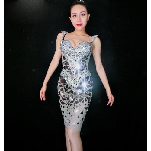 Sparkly Silver Rhinestones Fringes Dress Women Birthday Celebrate Bodysuit Costume Tassel Bodysuit Performance Evening Wear