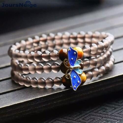Ice Color Natural Black Obsidian Stone Bracelet With Baked Blue Butterfly Tiger Eye Women Energy Stone Crystal Bracelet Jewelry
