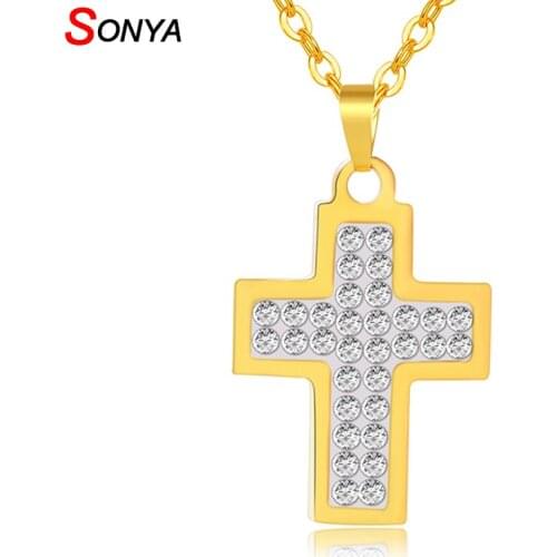 SONYA Stainless Steel Cross Pendant Necklace Religious Jewelry Gold Color Crystal Necklace Men Women Charm Jewelry Bijoux Femme