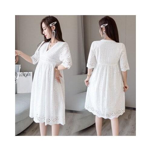Summer New Fashion Loose Cotton Hollow Maternity Breastfeeding Dress With Lining Comfortable Maternity Dress