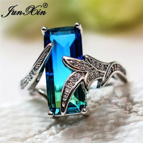 JUNXIN Gradient Colors Green Blue Crystal Mermaid Tail Rings For Women White Gold Big Rectangle Stone Wedding Ring Jewelry