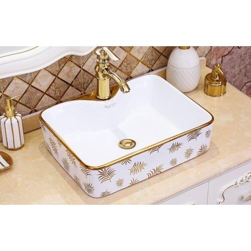 Nordic new color gold printing ceramic bathroom wash basin rectangular above counter basin 480*370*130mm size