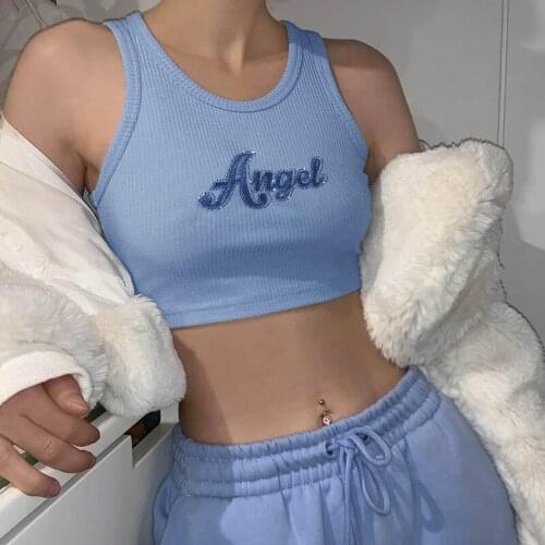 Sexy Crop Tops Womans Fashionable Letter Print Vest Tops Summer Round Neck Sleeveless Slim Elastic Midriff-baring Tank Tops