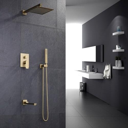 Brushed Gold/Black Bathroom Shower Set Square Rainfall Shower Faucet Wall or Ceiling Mounted Shower Mixer 8-12" Shower Head