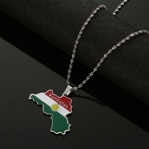 Stainless Steel Trendy Kurdistan Colorful Map Pendant Necklace Kurdistan Map Charm Jewelry