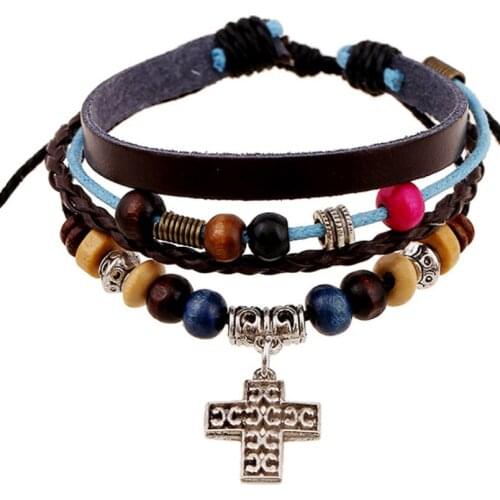 Fashion Cross Jewelry Vintage Retro Wood Beads Bracelet Alloy Charms Casual Multi-layer Leather Bangle Wristbands for Women Men