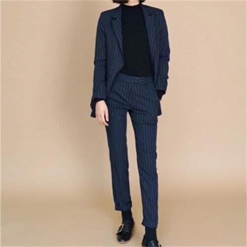 Fashion striped suit suit female spring New Casual striped double-breasted small suit + straight pants two-piece suit women
