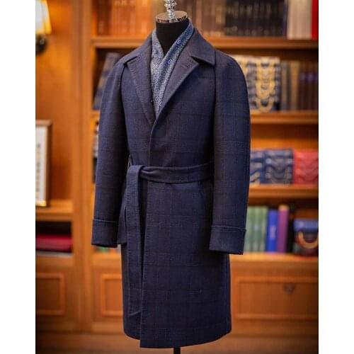 2021 Winter Blue Woolen Mid-Length Overcoat For Men Solid Singal England Style Breasted Blet Cacual Notched Thicken Plus Jacket